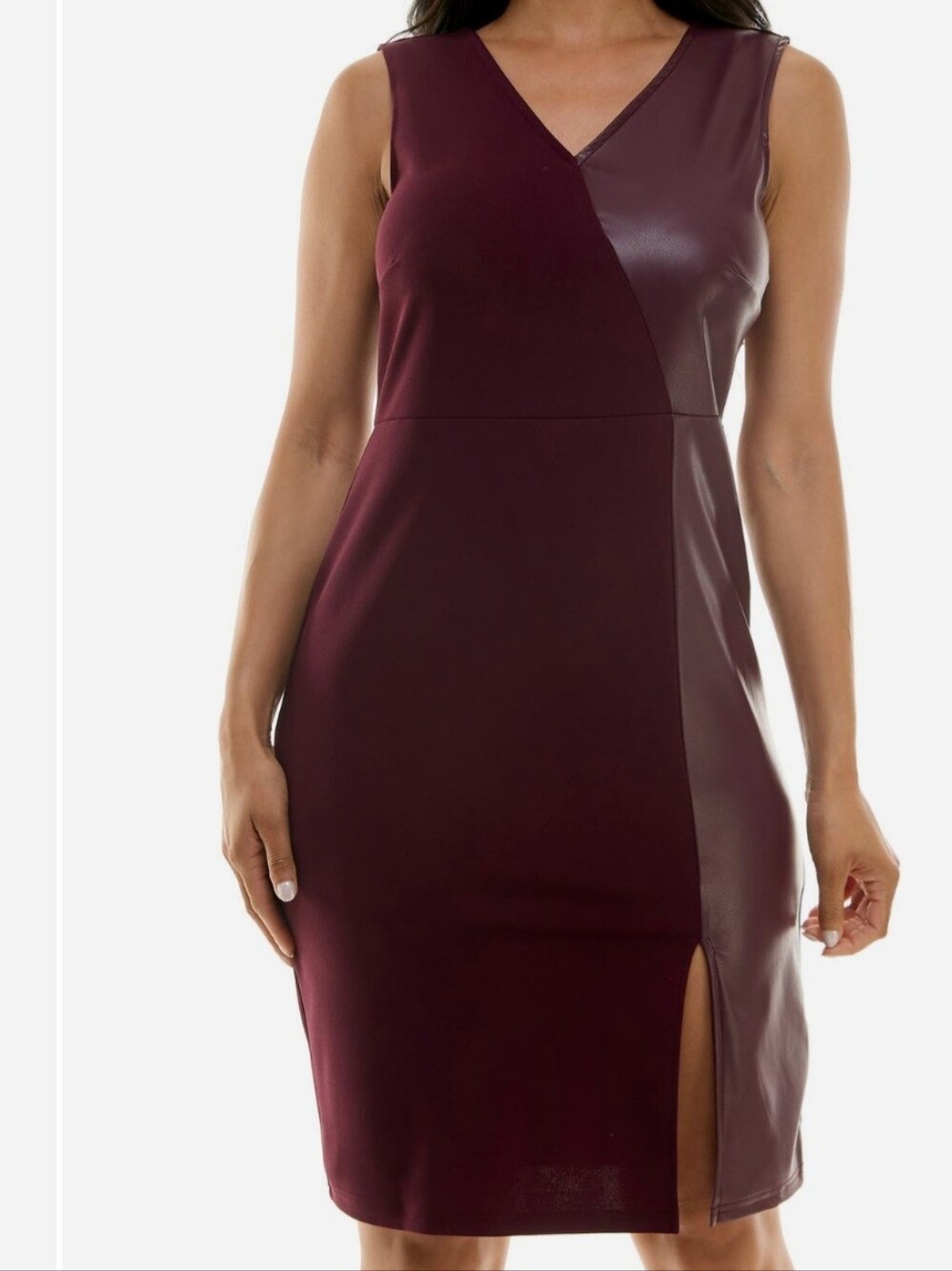 Nina Leonard Mixed Media Sleeveless Sheath Midi Dress Burgundy Size L